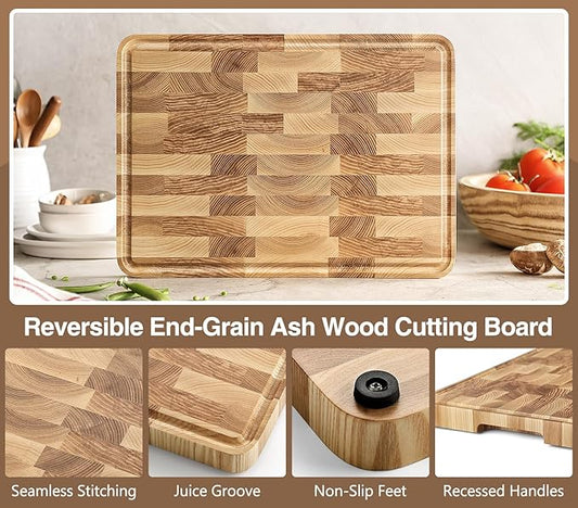 XINZUO Ash Wood Cutting Board for Kitchen, (13.8''L x 9.8''W x 1''T)-End Grain Wood Cutting Board for Meat-Chopping Boards with Slip Feet, Side Handles,Juice Groove