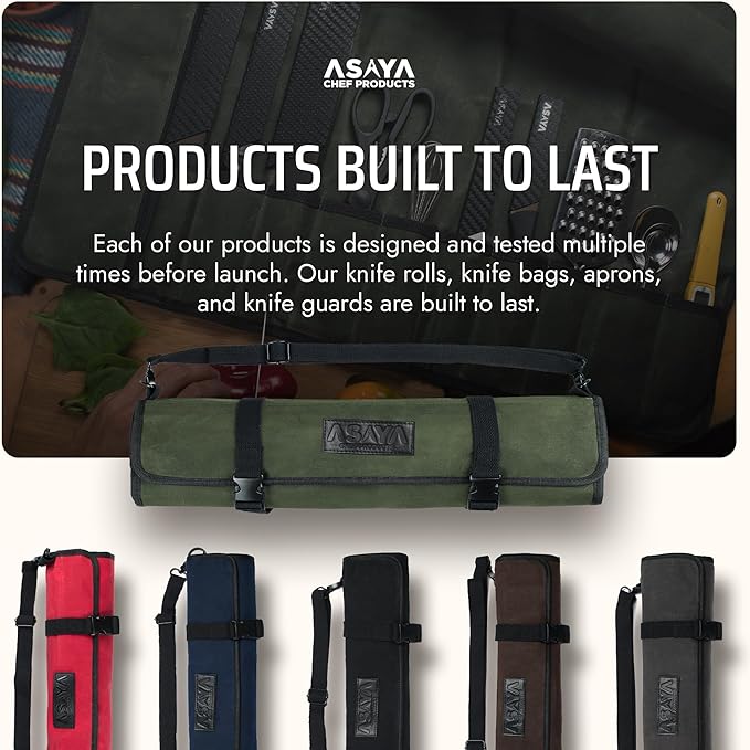 Asaya Canvas Chef Knife Roll Bag - 10 Knife Slots and a Large Zipper Pocket - Durable 10oz Canvas Knife Case with an Adjustable Shoulder Strap - Knives not Included (Forest Green)