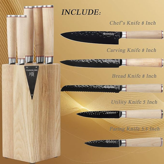 YOUSUNLONG Knife Block Sets - 5 Piece Chef Knife Set - Japanese AUS8 Steel Black Titanium - Natural Fraxinus Americana Wood Knife Holder - Canadian Maple Wood Handle - With Gift Box