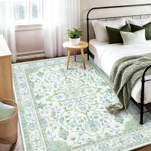 Area Rugs 5'x7' Washable Non-Slip, Floral Vintage Distress Print Pattern Medallion Carpet for Living Room Bedroom Dining Room, Green White Blue