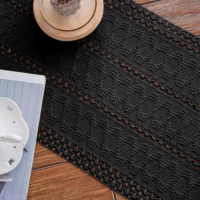 Alynsehom Macrame Table Runner Pure Black Boho Table Runners with Tassels Hand Woven Cotton Table Runner Rustic Farmhouse Table Runners for Bohemian Kitchen Dining Table(12x71in)