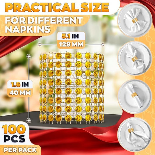 Set of 100 Gold Napkin Rings – Rhinestone Napkin Ring Holders for Weddings, Parties, Fall Events & Table Decorations for Dinner Parties | Durable & Reusable, Great as Elegant Kitchen Gifts for Hosts