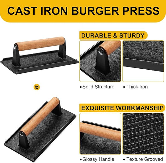 AIVIKI Burger Press, Smash Burger Press for Blackstone Griddle, Heavy Duty Cast Iron Rectangular 8.2x4.2In Bacon Grill Press with Wood Handle, Meat Steak Weight for Sandwich, Paninis (Rectangle)