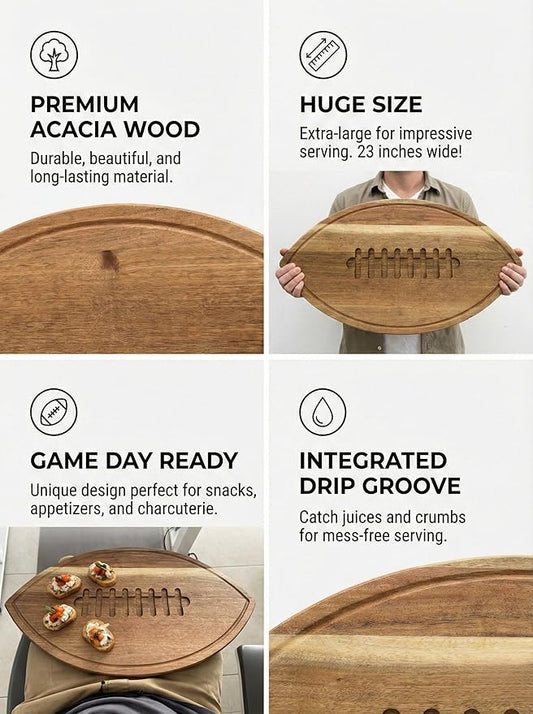 New – Giant Football Shaped Cutting Board – 23.5X14 INCH – Jumbo Size Acacia Wood Charcuterie Tray – Extra Large Wooden Football Serving Platter for Super Bowl Parties, Tailgate Hosting & Gifts