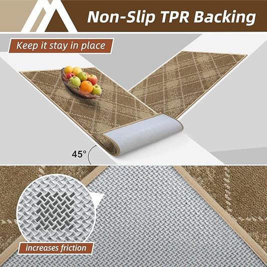 COSY HOMEER Kitchen Rugs and Mats Sets 2PCS Non-Slip Soft Kitchen Mats for Floor Absorbent and Stain Resistant Kitchen Floor Mat Washable Plaid Rugs for Kitchen,24"x36"+24"x60",Taupe