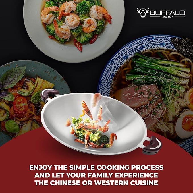 BUFFALO Stainless Steel Wok Pan with Lid Round Bottom 15 inch (38cm) - Stir Frying Pan Tri-Ply Nonstick Cookware - Double Handle Cooking Pot for Induction/Electric/Gas Stoves + Wok Ring