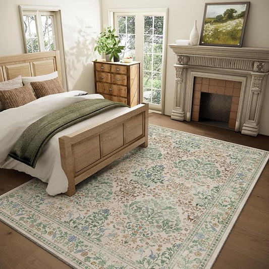 Washable Area Rugs for Living Room: 5x7 Bedroom Rug Vintage Area Rug Stain Resistant Non Slip Low Pile Lightweight Soft Carpets for Dining Room Kitchen Nursery Kids Room Playroom Home Office Indoor