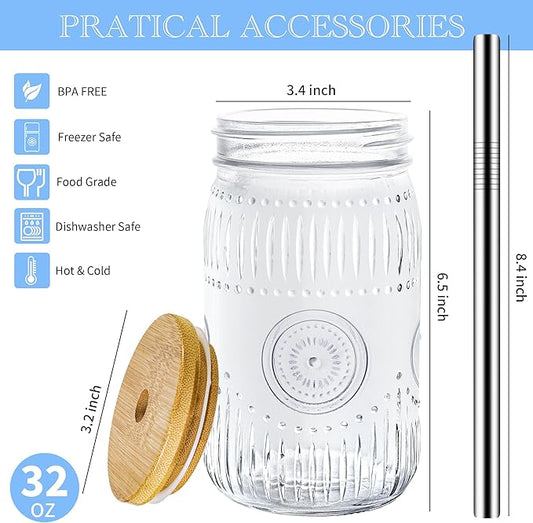Amzcku 32oz vintage Mason Jars with Bamboo Lids and Stainless Steel Straws -Wide Mouth Quart Canning Jar, Reusable 32oz Boba & Smoothie Cups (2-Pack)