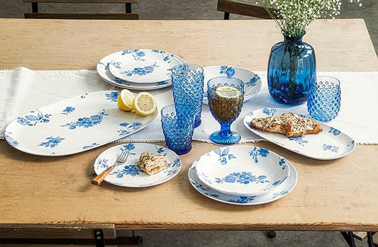 Cottage Blue Floral Oval Small Platter, 12.9 x 6.9-Inch, Pure Melamine, Indoor/Outdoor