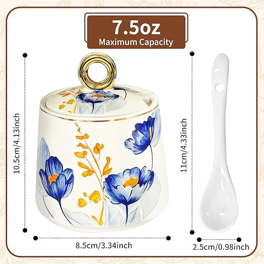 JUSONEY Ceramic Sugar Bowl with Lid and Spoon with Floral Pattern, Gold Trim - 7.5oz Elegant Sugar Jar with Lid and Spoon, Nordic Style for Kitchen, Dining, Cafe, Gift Idea (C)