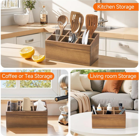Wooden Utensil Holder Counter, Kitchen Utensil Organizer Large 6 Compartment Cooking Utensils Holder, Acacia Rustic Wood Farmhouse Storage Container Crocks for Silverware and Cooker Set Visit the ONEARF Store