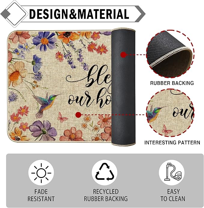 Flower Spring Kitchen Mats for Floor Set of 2, Wildflower Summer Floor Mats, Non Slip Rubber Backing Kitchen Floor Mat and Rug Set for Kitchen Sink, Office, Laundry