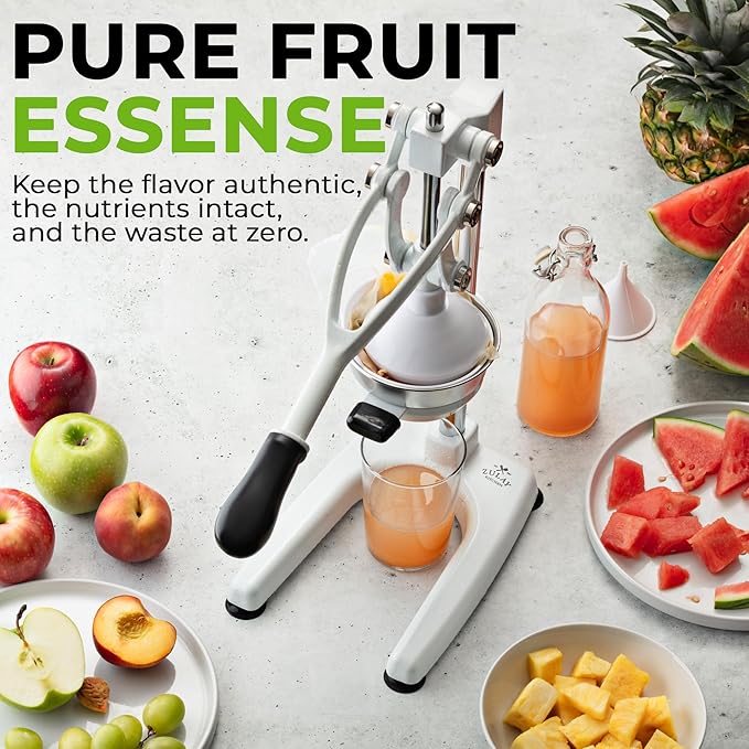 Zulay Kitchen 9 in 1 Cast Iron Juicer - Easy-to-Clean Heavy-Duty Manual Juicer with Presser Attachment to Juice All Types of Fruits! Extra Tall with Stainless Steel Bowl - White