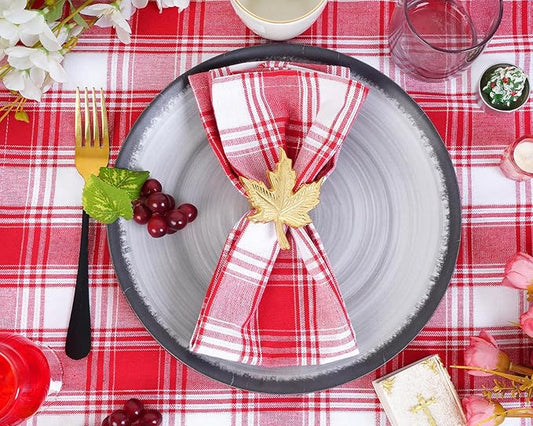 Blue Needles Gingham Buffalo Plaid Cloth Napkins 100% Cotton Set of 12 Dinner Table Napkins 18x18 inch Soft, Reusable, Washable Perfect for Valentine's Day Parties & Everyday Use - Silver Red & White