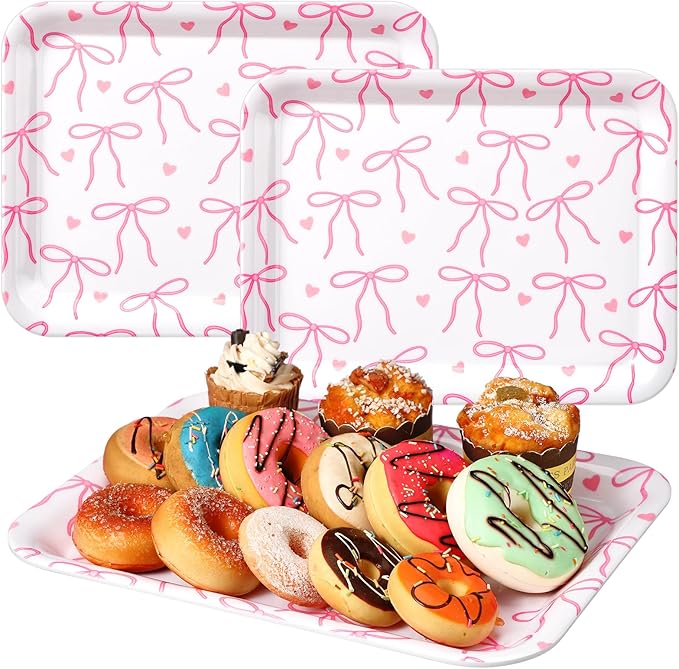 Tioncy 3 Pcs Pink Bow Serving Tray Bowknot Reusable Plate Dish 13" x 10" Decorative Tray Platter for Serving Food Room Organiser Home Party Supplies