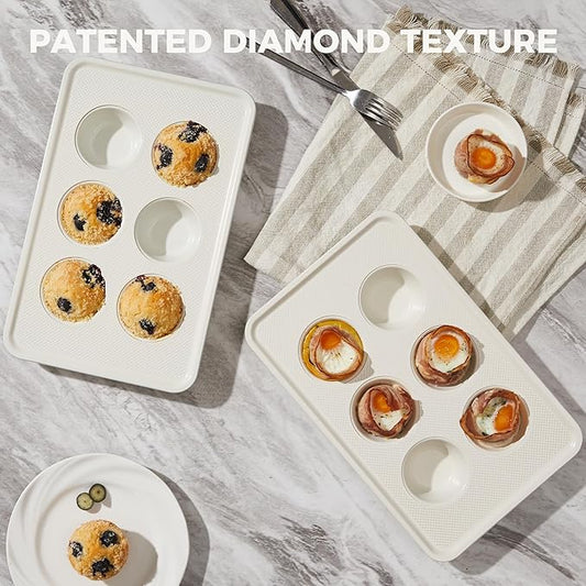 HONGBAKE Nonstick Ceramic Muffin Pan, 6 Cup Muffin tin for Baking, Non-toxic Cupcake Pan, Heavy-duty Aluminized Steel Cupcake Tray with Diamond Texture, Easy To Clean, Cream