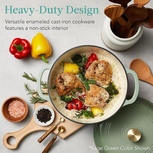 Best Choice Products 7.5 Quart Enamel Cast-Iron Round Dutch Oven, Family Style Heavy-Duty Pre-Seasoned Cookware for Home, Kitchen, Dining Room, Oven Safe w/Lid, Dual Handles - Lemon Meringue