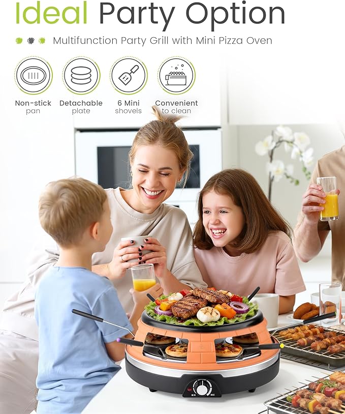 Saenchue Multifunction Raclette Grill & Mini Pizza Oven, 1200W Electric Pizza Oven with Flat Griddle Top, Indoor Grill with 6 Mini Pizza Baking Slots, Temperature Control, Personal Pizza Maker, PM-01