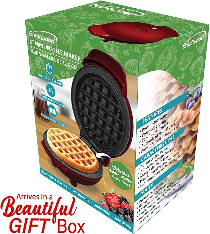 Brentwood 5” Non-Stick Mini Maker for Waffles, Keto Chaffles, Hash Browns, and More (Red)
