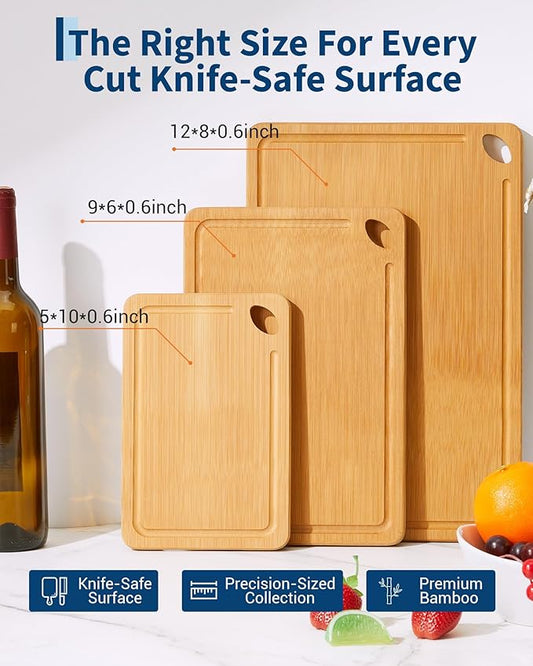 Garvee Bamboo Cutting Board Set of 3, Multi-Sizes Kitchen Cutting Boards with Deep Juice Grooves & Built-in Handle, Wooden Chopping Boards for Charcuterie, Vegetables & Fruit