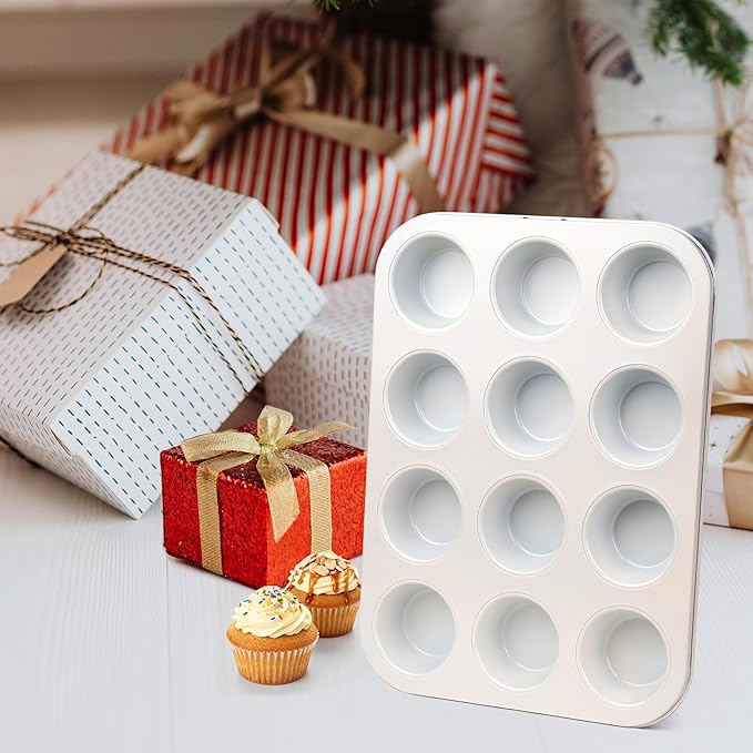Rixordd 2-Pack Healthy Baking Cupcake Pan| Non Stick 12-Cup Muffin Pan | Durable & Easy Clean Muffin Tin | Perfect for Cupcakes, Muffins (White)
