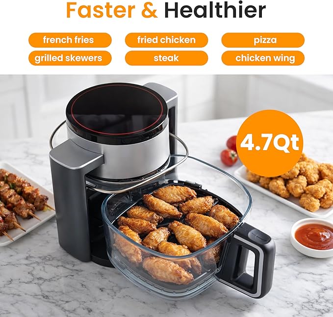 HealSmart 10-in-1 Glass Air Fryer – 4.7QT Non-Toxic Air Fryer with Rapid Air Crisp, Roast Bake Dehydrate Reheat, Nonstick, Easy-Clean | Dishwasher Safe, Bake, Roast, Recrisp