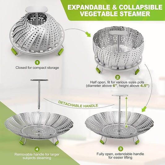 Steamer Basket, 3rd Generation Stainless Steel Vegetable Steamer with Extendable Handle for Cooking Food, Folding & Expandable Veggie Steam Insert, Fit Various Size Instant Pot (5.5" to 9")