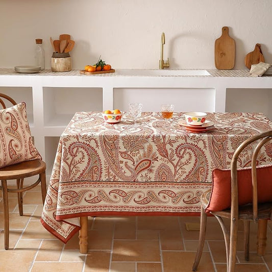 ISAENNE Designer French Red Extra Long Tablecloth Rectangle,Linen Table Cloth with Cashew Pattern,Stain Proof Decor Tablecloths for Dining Thanksgiving Kitchen Christmas,67"*118"-Chauffrey D