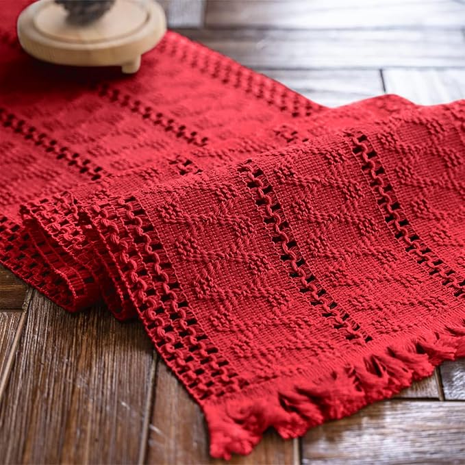 Alynsehom Macrame Table Runner Christmas Red Boho Table Runners with Tassels Hand Woven Cotton Table Runner Rustic Farmhouse Table Runners for Xmas Kitchen Dining Table(12x95in)
