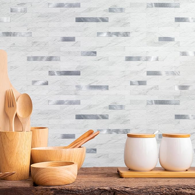 2 Sheets Peel and Stick Backsplash for Kitchen, White Marble with Metal Silver Look Stick on Tile Upgrade Your Kitchen Backsplash, RV, Fireplace