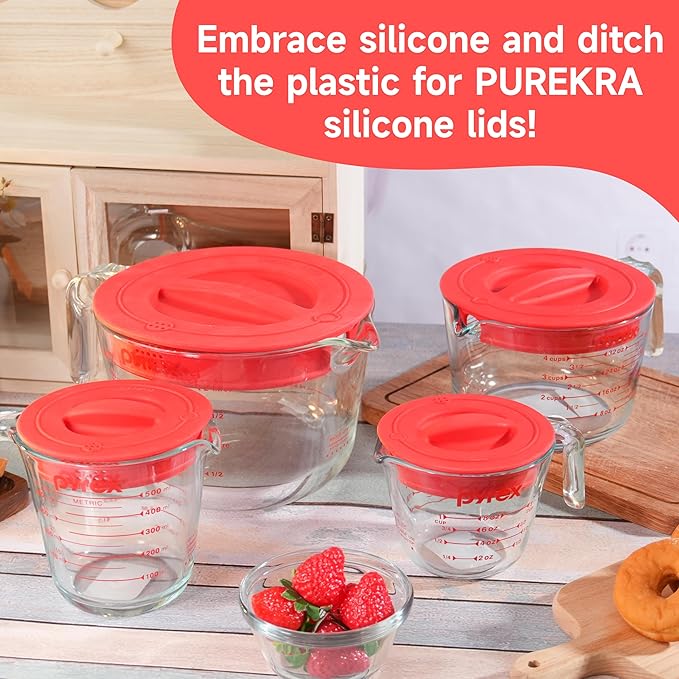 4 Pack Silicone Replacement Lids, Respectively Fits Pyrex 1-Cup, 2-Cup, 4-Cup & 8-Cup Tempered Glass Liquid Measuring Cups, Reusable & Food-Grade, Dishwasher & Microwave Safe (Cups not Included)