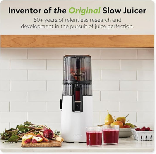 Hurom H70 Cold Press Juicer Machine, Easy to Clean Masticating Slow Juicer, Ideal Balance of Size and Function, Compact, Strainer Free, Self Feeding, Hands Free, with Wide Mouth Hopper (White)