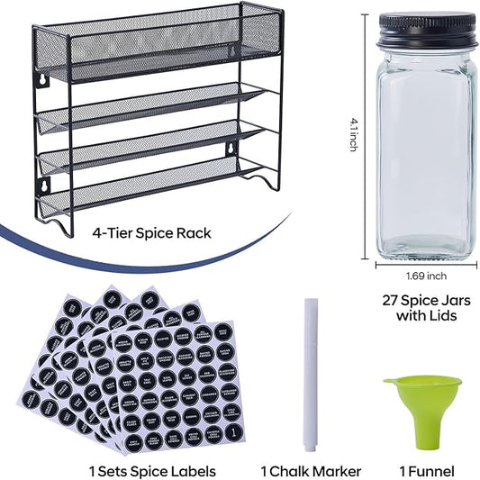 Spice Rack Organizer with 27 Spice Jars with Black Lids, Funnel, Spice Labels, Pen, Seasoning Organizer for Cabinet, Countertop, Pantry, Kitchen,Cupboard or Door & Wall Mount