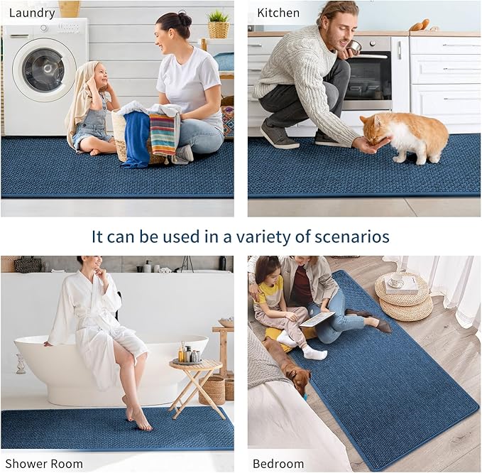Kitchen Mats for Floor, Super Absorbent Kitchen Rugs Non Slip Washable, Soft Imitation Linen Braided Kitchen Runner Rug, Standing Mat Kitchens Sink Mat, Easy to Clean, Blue 17x95