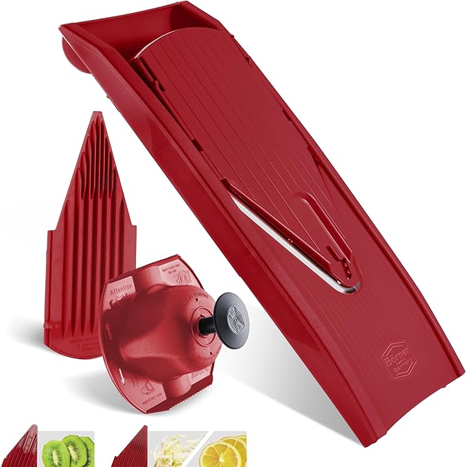 Mandoline Food Slicer Borner V1 (Basic Set) by Reston Lloyd • V-Slicer with Food Holder • Made in Germany • Fruit & Vegetable Chopper • Multiple Settings • Color: Red
