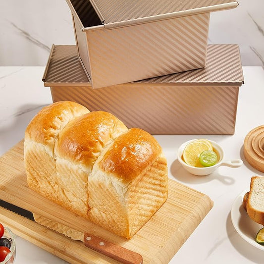 KITESSENSU Pullman Loaf Pan with Lid 2 Pack, 1 lb Dough Capacity Non-Stick Bakeware for Baking Bread, Carbon Steel Corrugated Bread Toast Box Mold with Cover for Baking Bread, Gold