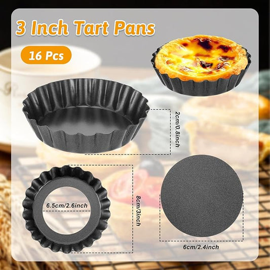 16 Pcs Mini Tart Pans Egg Tart Molds with Removable Bottom Round Nonstick Quiche Pan Mini Pie Pans Small Bakeware Mold Fluted Side for Mousse Cake Dessert Baking (3 Inch, Dark Gray)