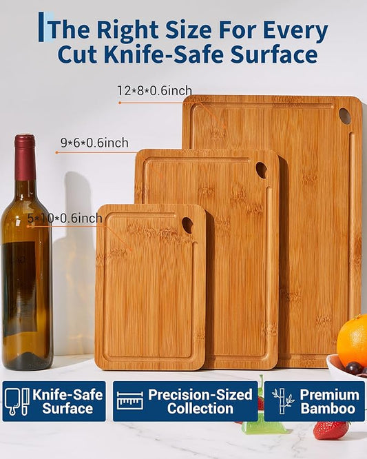 Garvee Bamboo Cutting Board Set of 3, Multi-Sizes Kitchen Cutting Boards with Deep Juice Grooves & Built-in Handle, Wooden Chopping Boards for Charcuterie, Vegetables & Fruit