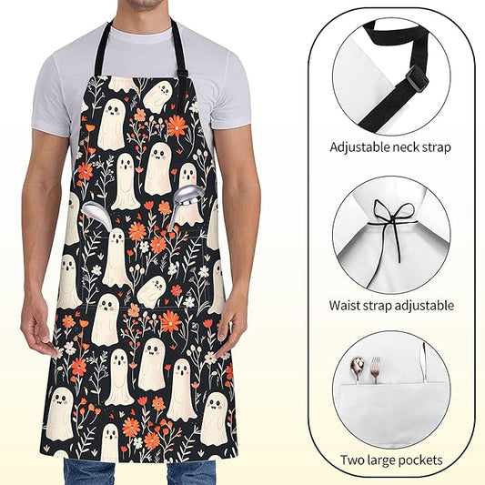 Cute Ghost Apron for Women with Floral,28x33in,Gothic Kitchen Aprons with 2 Pockets, Oxford Fabric, Goth Halloween Adjustable Apron for Cooking Baking Gardening Chef,Gifts for Mom Wife