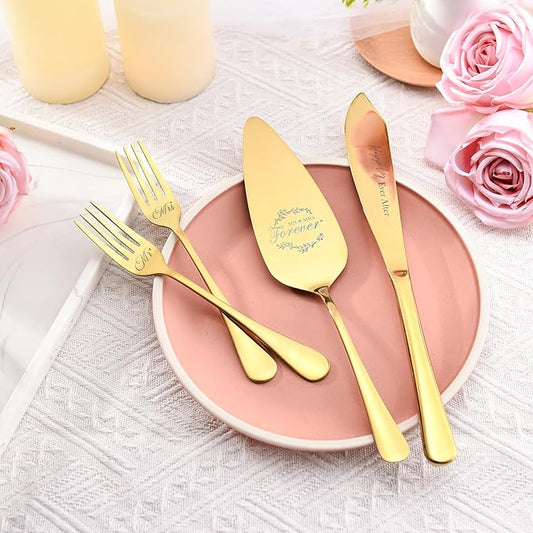 Galaxozent Wedding gifts for Couples, Gold Wedding Cake Knife and Server Set with Forks, Cake Cutting Set, Bridal Shower Anniversary Engagement Present For Mr and Mrs Set of 4
