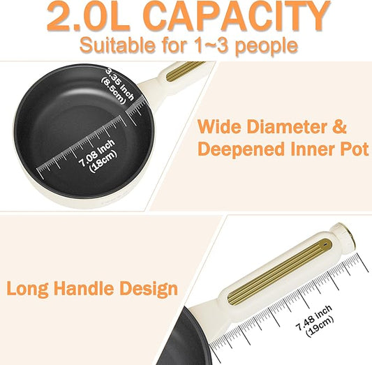TOPWIT Hot Pot Electric, 2L Multifunctional Electric Pot, Non-Stick Sauté Pan, Portable Cooker for Steak, Egg, Fried Rice, Ramen, Soup with Dual Power Control (Silicone Spatula Included), Beige