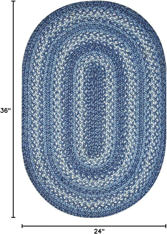 Homespice Denim Blue Oval Braided Rugs 2x3' - Country Oval Bathroom Rugs, Durable, No Shed Jute for Low Maintenance.