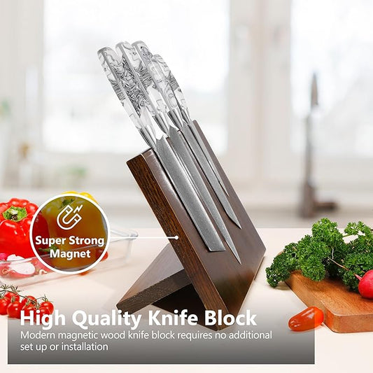 SHANGDAO Damascus Kitchen Knife Set with Magnetic Knife Block, 5 PCS Razor Sharp Kitchen Knives Made of Japanese Damascus Steelwith Block, Well-Balanced Damascus Chef Knife set
