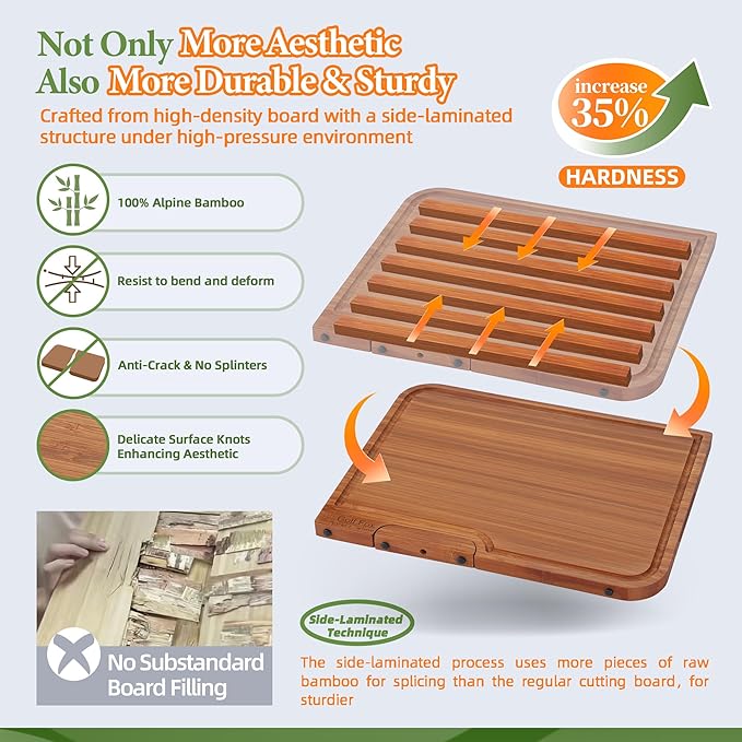 2-PCS Bamboo Cutting Board Set with Innovative Stand - Durable Double Sided Chopping Board with Juice Groove & Handle for Meal Prep, Meat, Fruit, Charcuterie Serving, Eco-Friendly Healthy Kitchen Gift