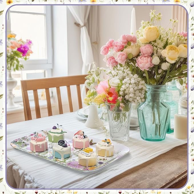 3 Pack Easter Serving Trays 16 x 11 Inch Wild Flowers Garden Easter Platters Rectangular Serving Dishes Decorative Trays for Spring Wedding Party