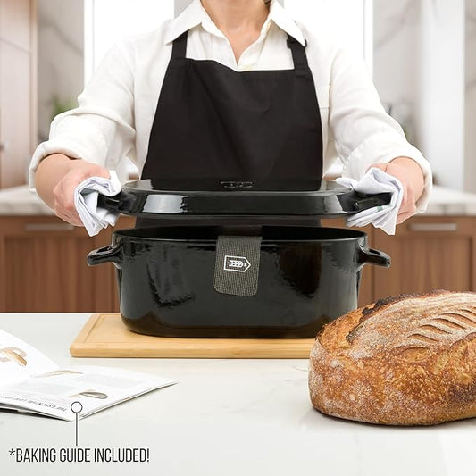 KooK Dutch Oven, For Sourdough Baking, Dual Handles, Enameled Cast Iron, includes Silicone Mat and Sourdough Guide, Dishwasher Safe, 5 Qt, (Black)