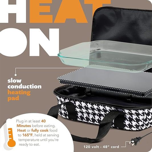HOTLOGIC Max Large Portable Electric Food Heater W/Glass - Innovative Food Warmer and Heated Lunch Box for Adults Car/Home - Easily Cook, Reheat, and Keep Your Food Warm - Houndstooth - 120V