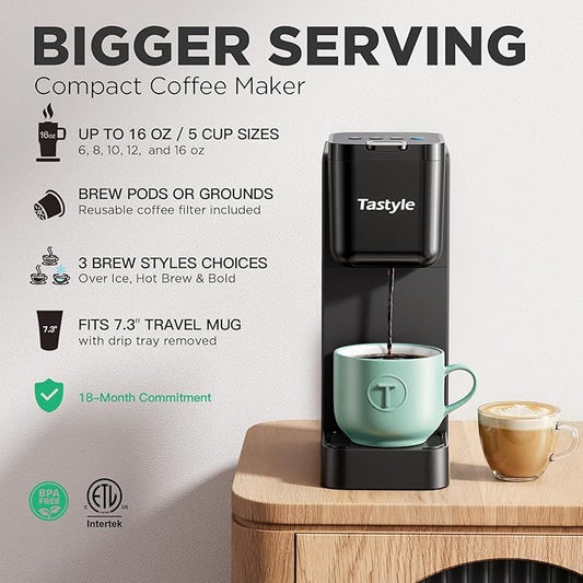 Tastyle Single Serve Coffee Maker Hot and Iced with Bold Brew, Small Coffee Machine for K Cup and Ground, Fits 7.3'' Travel Mug, Brews up to 16 Oz, 5 Cup Sizes, Compact for Office, RV& Hotel, Black