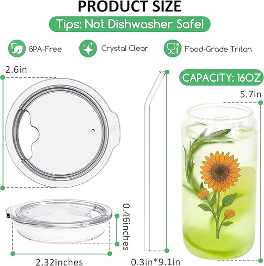 16OZ Drinking Glass Cup with Tritan Lid and Straw 4pcs Set Cute Iced Coffee Cup Aesthetic Glass Tumbler with Flower Design Ideal Gift for Women, Birthday, Christmas, Beer Glasses for Bar Accessories