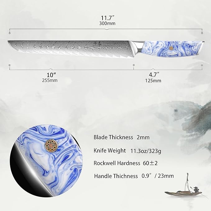 SHANGDAO Brisket Slicing Knife - 10 Inch Professional Kitchen Carving Knife, Forged VG 10 Damascus Steel, Meat Kitchen, Full Tang, Ergonomic Resin Handle